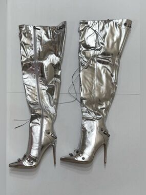 Cape Robbin Women’s Silver Side Zip High Heel Pointy Thigh High Boots 10